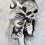 rysunek demon zakrywa oczy kobiecie