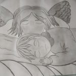Rysunek anioła pochylającego się nad śpiącym dzieckiem